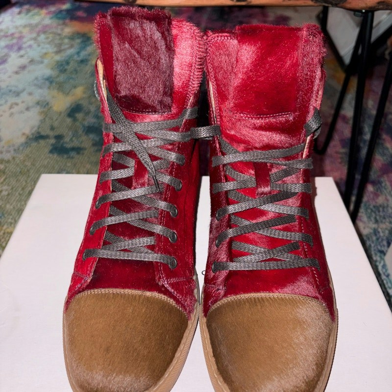 Marc Jacobs Hair Cow High Top Sneaker Red Brown