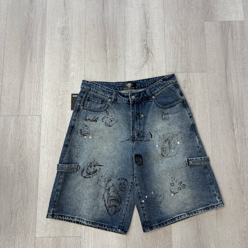 HMDD Graffiti Denim Shorts Blue