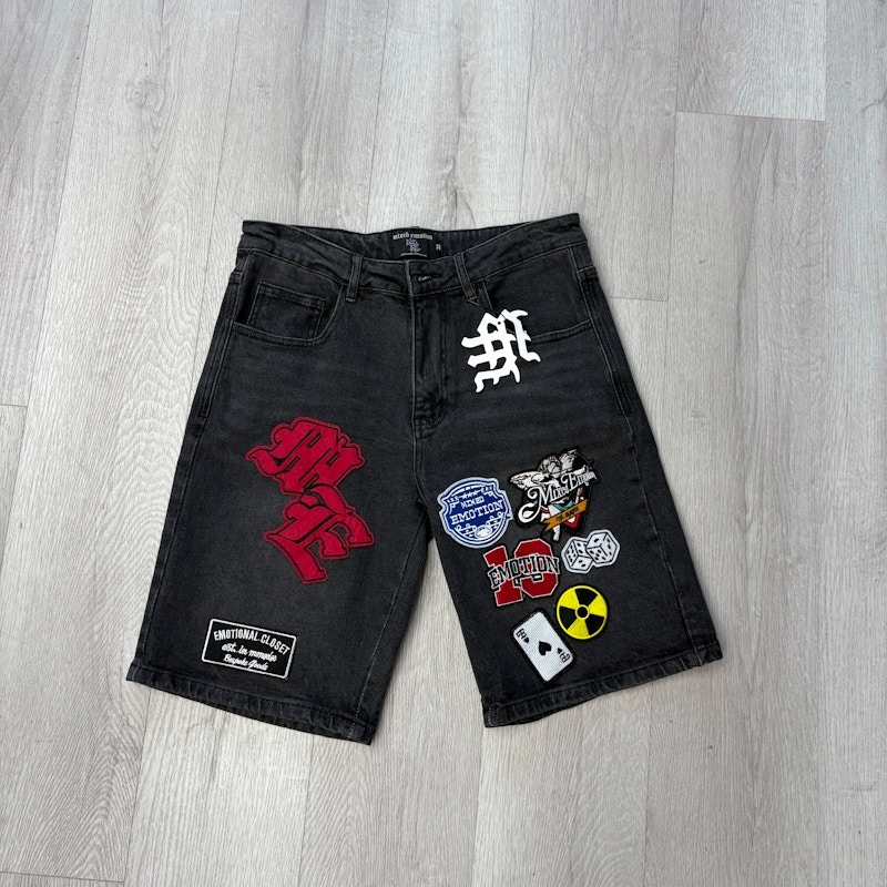 Mixed Emotion Patchwork Denim Shorts Black
