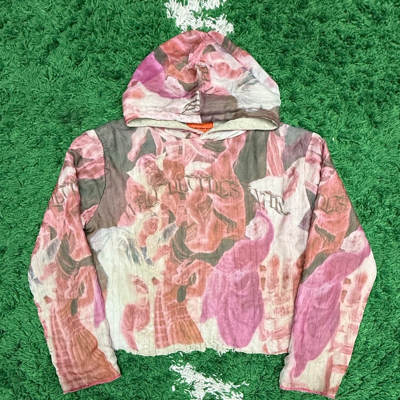 Who Decides War Religious Print Mesh Hoodie Pink