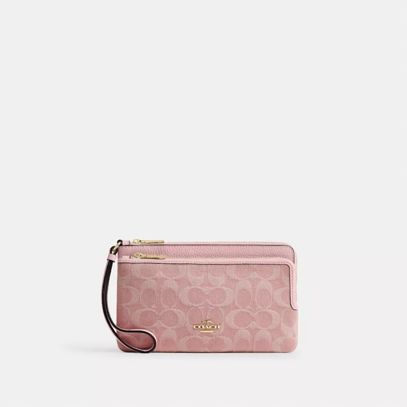 Coach Double Zip Wristlet Signature Canvas Pink