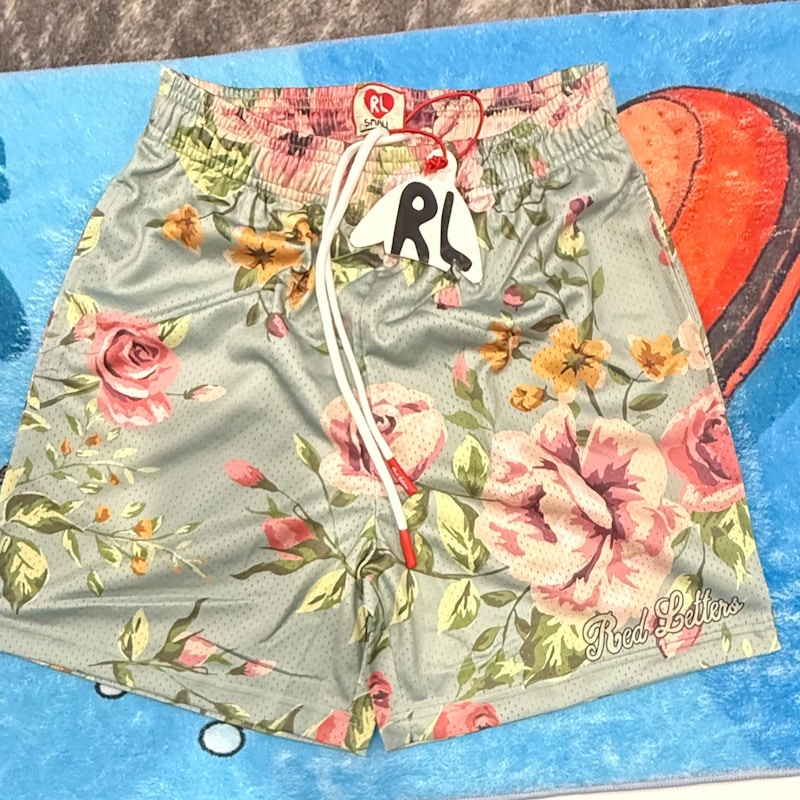 Red Letter Floral Mesh Shorts Sage