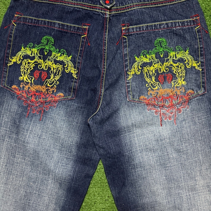 Vintage Baggy Embroidered Denim Jeans Dark Blue