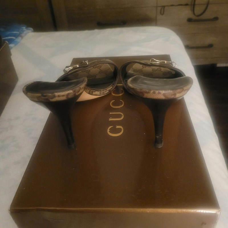 Gucci Bow Heel Sandals Brown Monogram GG Crystal Canvas Leather (Women's)