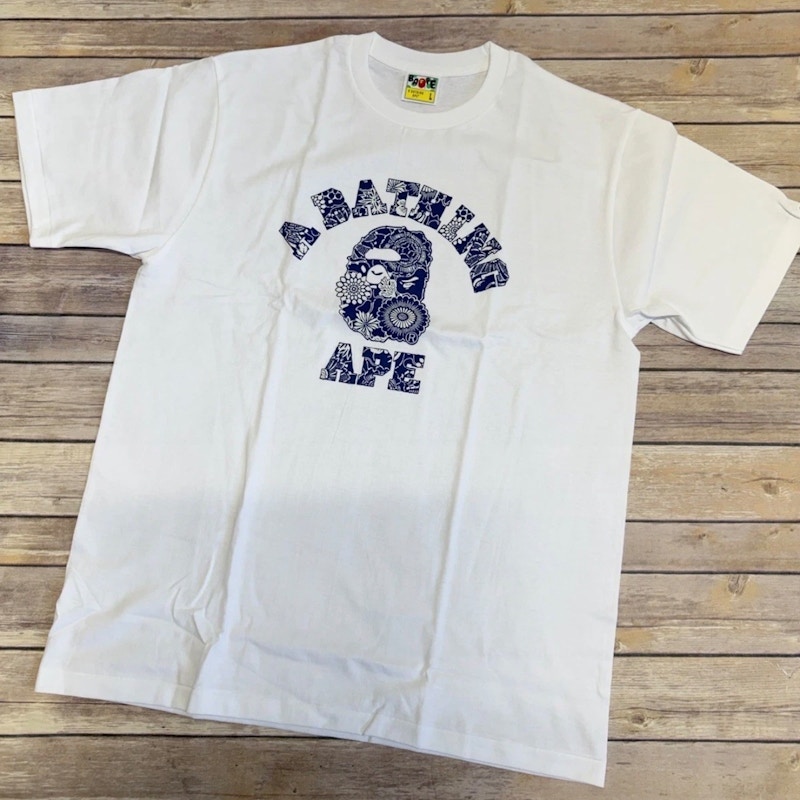 A Bathing Ape Japanese Indigo Art Camo College Tee White Navy