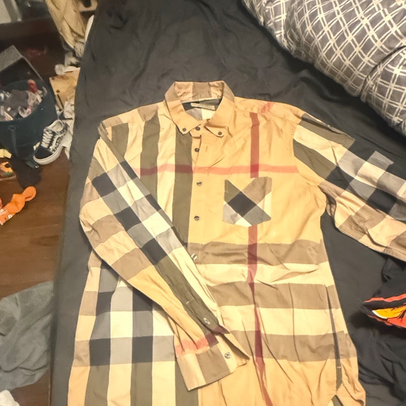 Burberry Check Long Sleeve Button Down Shirt Beige