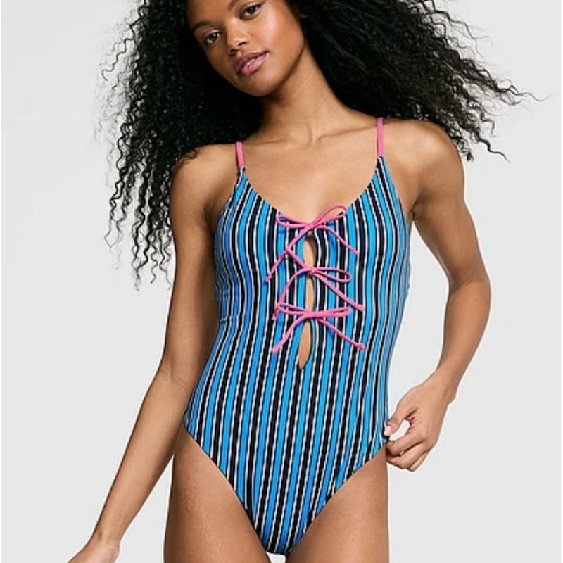 PINK Lace-Up One-Piece Swimsuit Blue Black White Striped
