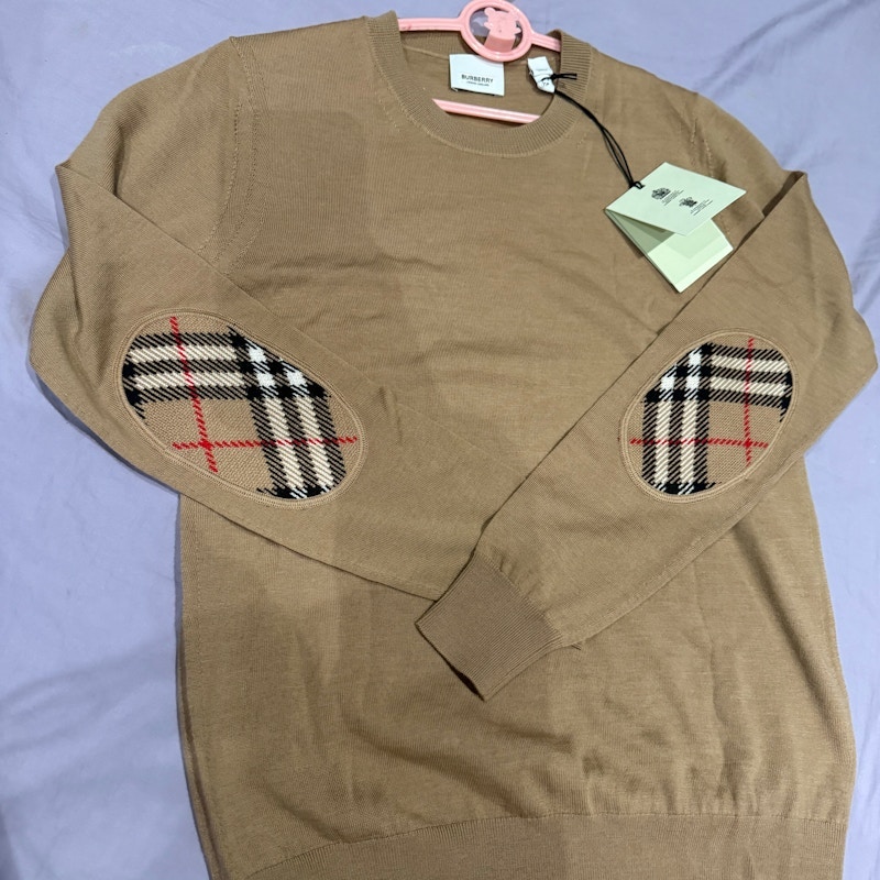 Burberry Check Elbow Patch Crew Neck Sweater Camel