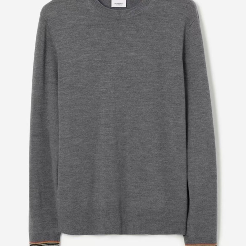 Burberry Icon Stripe Cuff Detail Wool Crewneck Sweater Mid Grey Melange