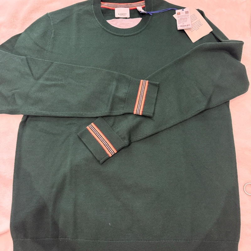 Burberry Icon Stripe Cuff Merino Wool Sweater Dark Green