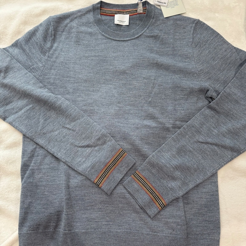 Burberry Icon Stripe Cuff Detail Wool Sweater Mid Blue Melange