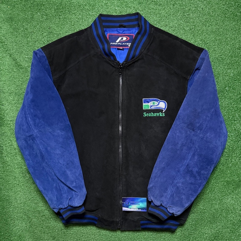 Vintage Pro Player Seattle Seahawks Suede Bomber Jacket Black Blue