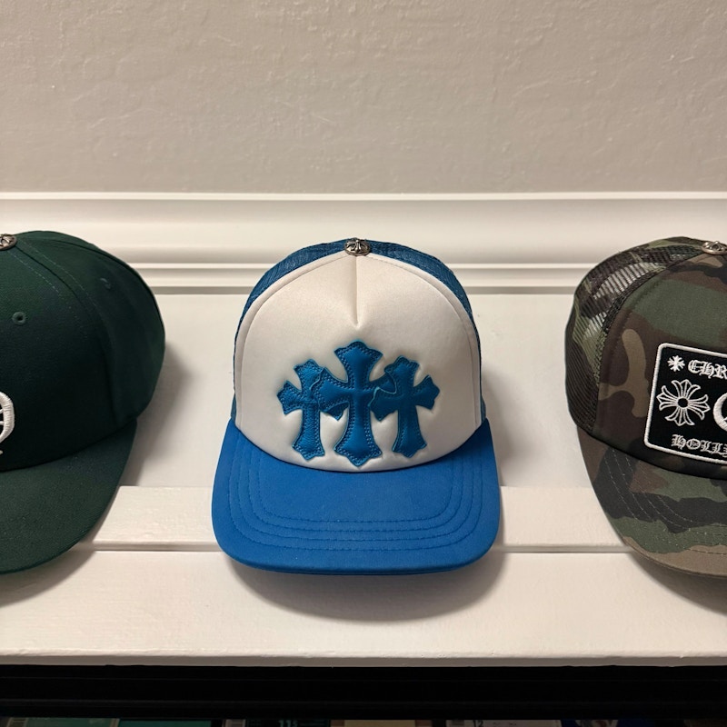 Chrome Hearts Cemetery Triple Cross Patch Trucker Hat White / Blue