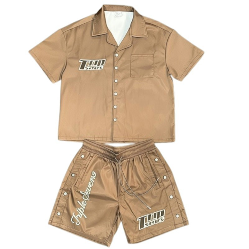 Triple Sevens Button-Down Shirt and Shorts Set Brown