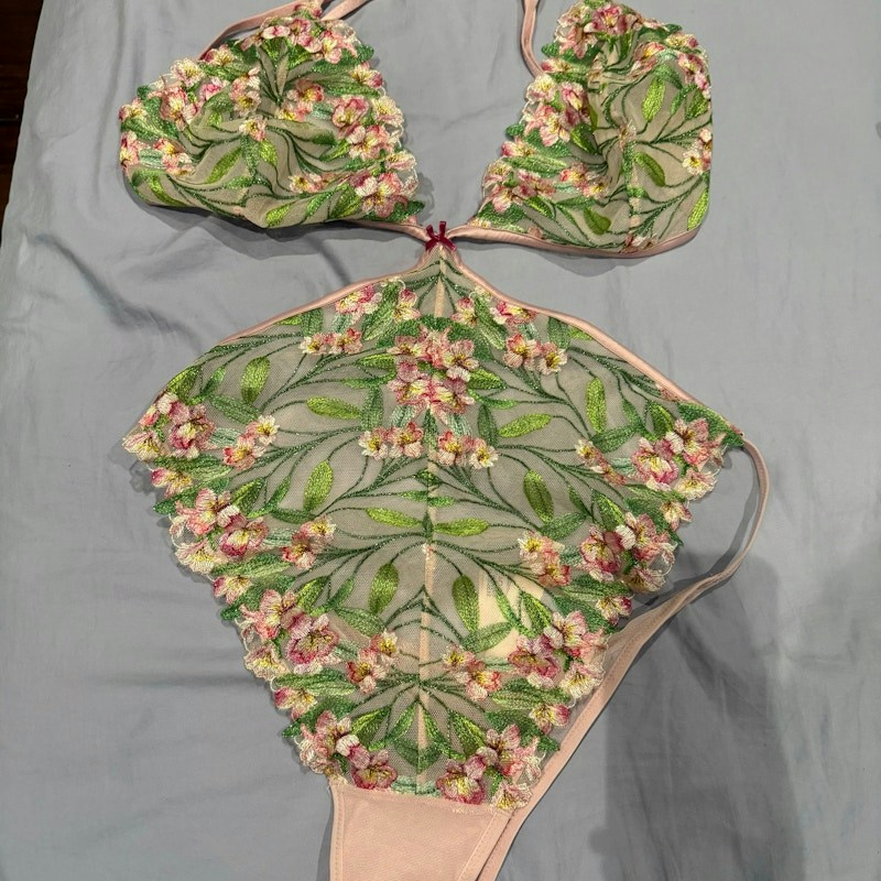 Victoria's Secret Embroidered Floral Mesh Teddy Pink