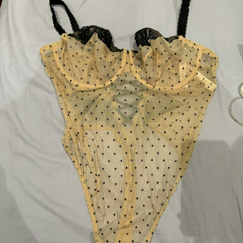 Victoria's Secret Polka Dot Lace Bodysuit Nude Black