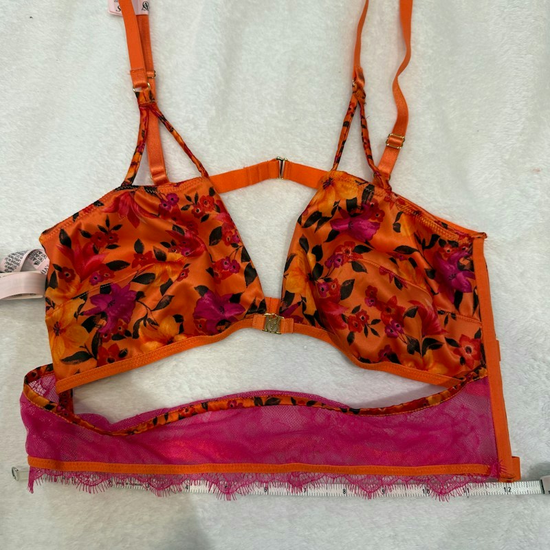 Victoria's Secret Floral Satin Longline Bra Orange Pink