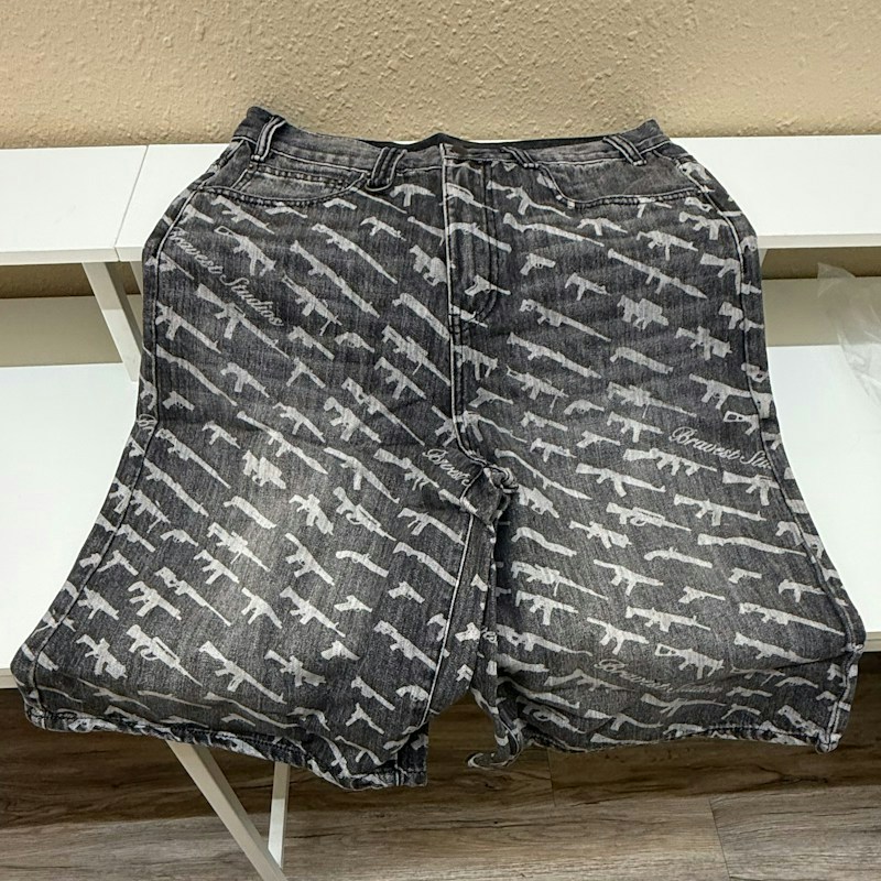 Bravest Studios Gun Print Denim Shorts Black