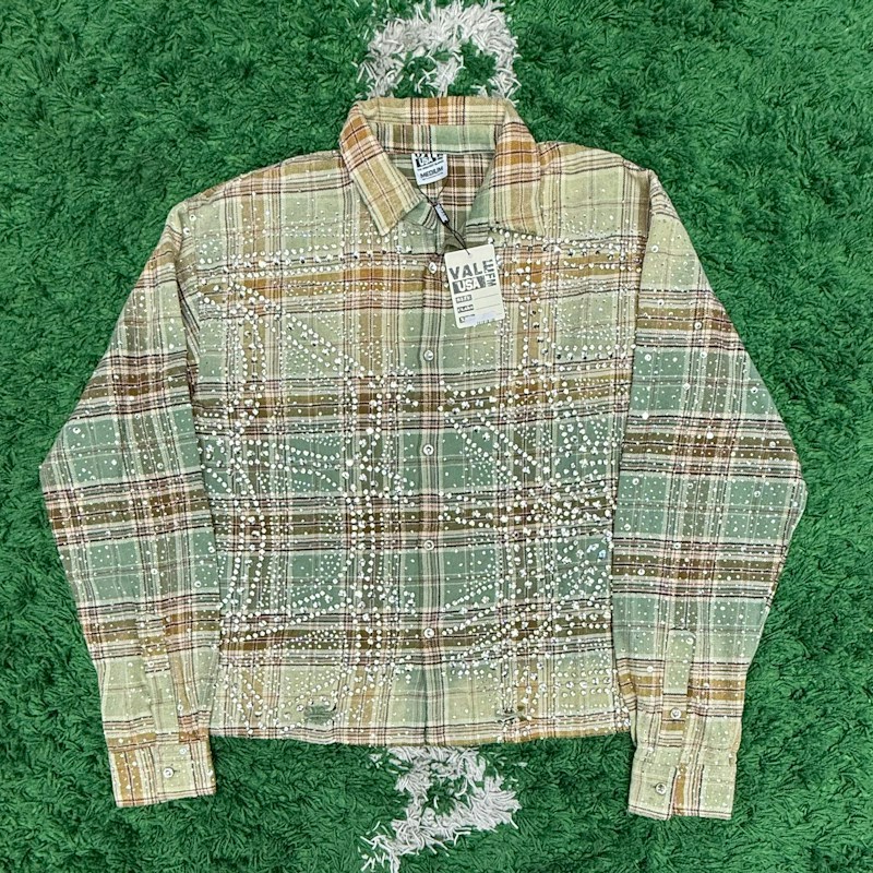 Vale USA Plaid Rhinestone Button-Down Shirt Green