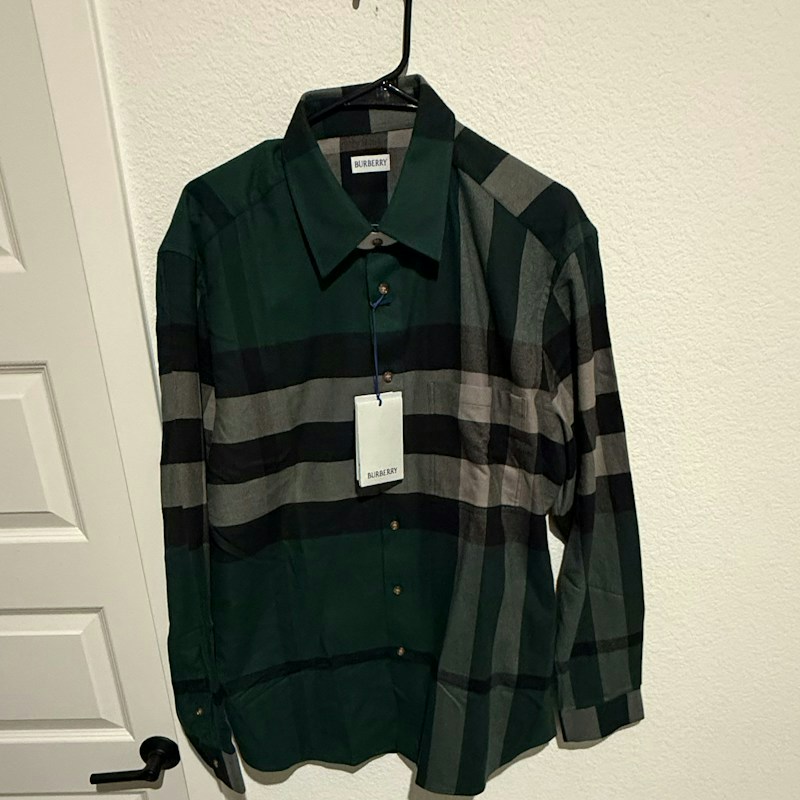 Burberry Check Long Sleeve Button Up Shirt Green
