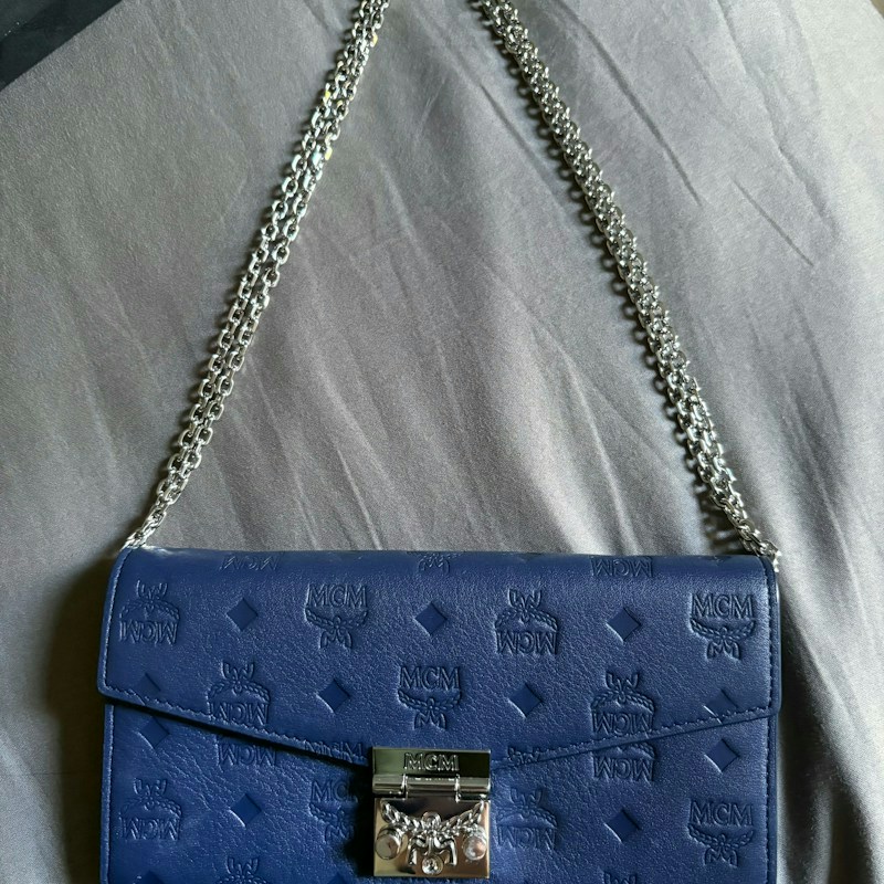 MCM Embossed Monogram Chain Wallet Blue