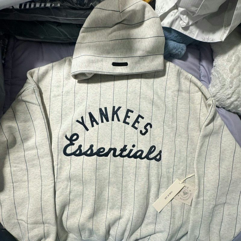 Fear of God Essentials Yankees Pinstripe Hooded Sweatshirt Heather Oatmeal