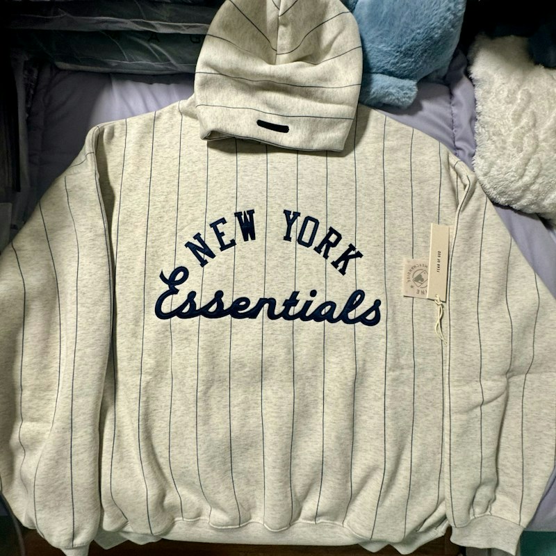 Fear of God Essentials New York Yankees Pinstripe Hoodie Oatmeal