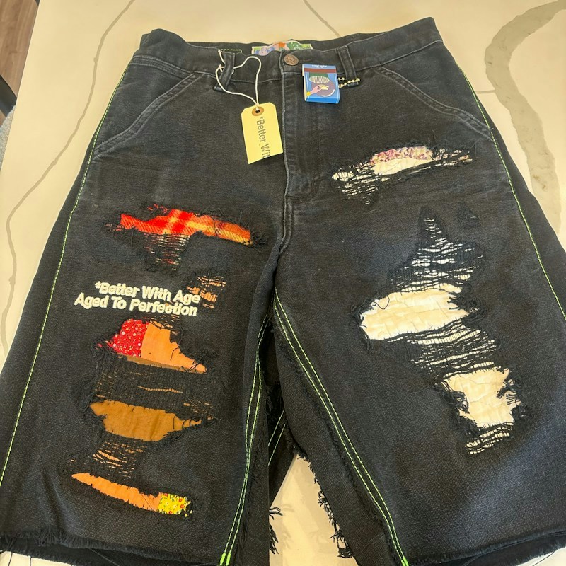 Better With Age Patched Distressed Denim Shorts Black