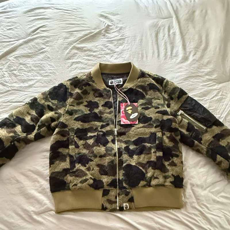 A Bathing Ape Camo Sherpa Bomber Jacket Green
