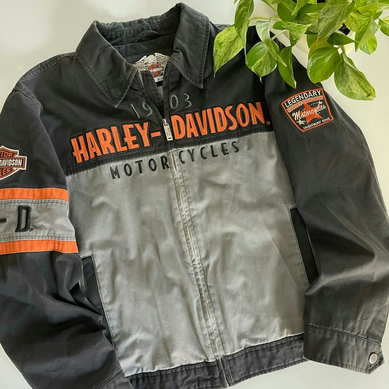 Y2K Harley-Davidson Motor Cycles Embroidered Zip Jacket Black Gray