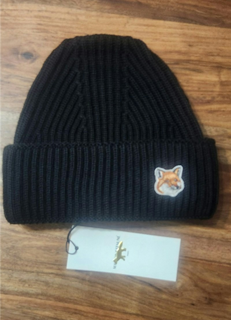 Maison Kitsune 100% Wool Beanie Black Fox Patch
