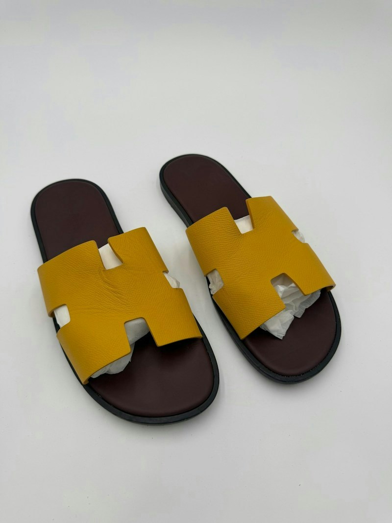 Hermes Oran Yellow Leather Slide Sandals