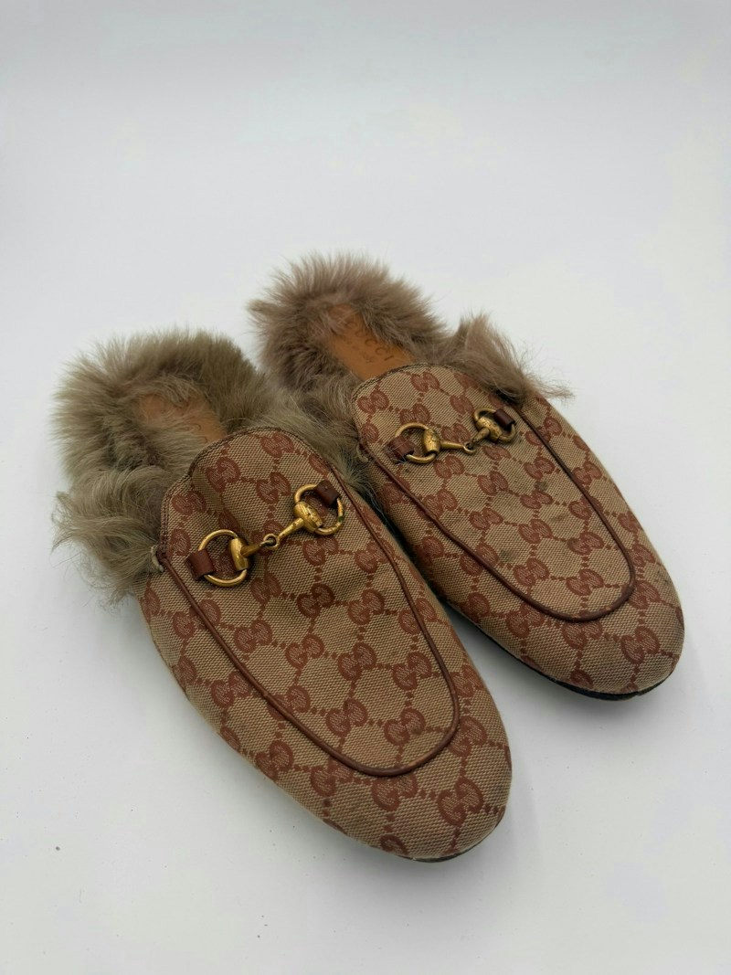 Gucci Brixton Horsebit Mules Beige Canvas Fur