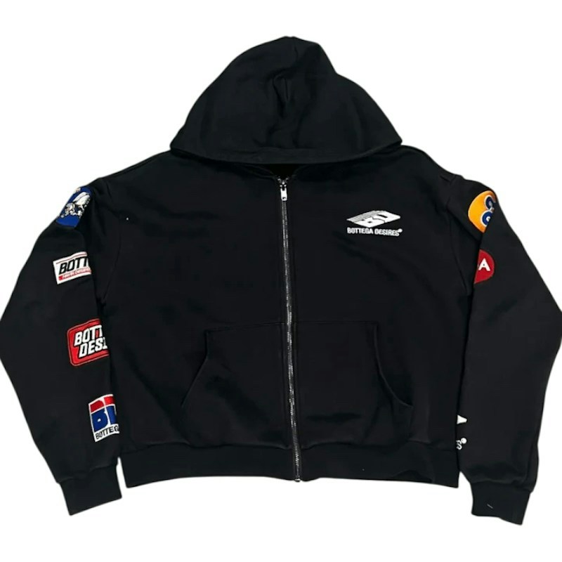Bottega Desires Racing Patches Full Zip Hooded Sweatshirt Black
