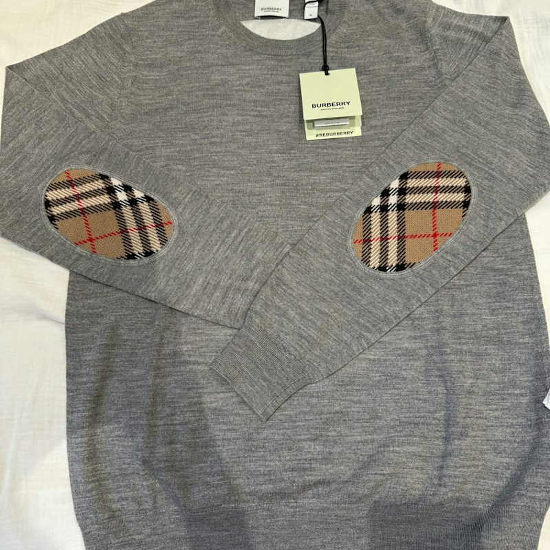Burberry Bempton Check Elbow Patch Merino Wool Sweater Grey Melange