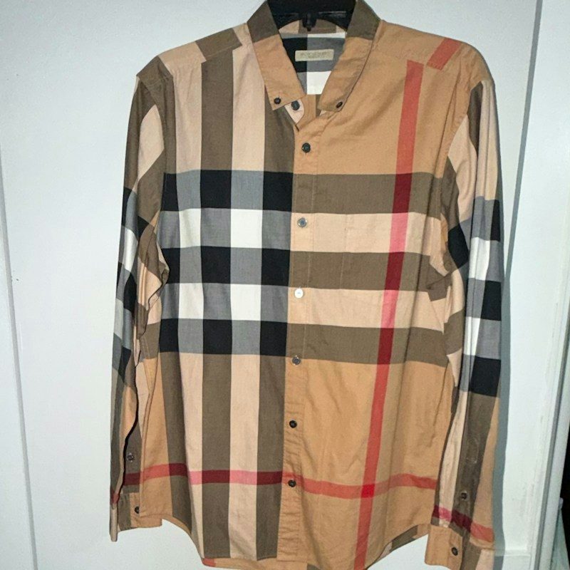 Burberry Brit Check Cotton Long Sleeve Button Down Shirt Beige