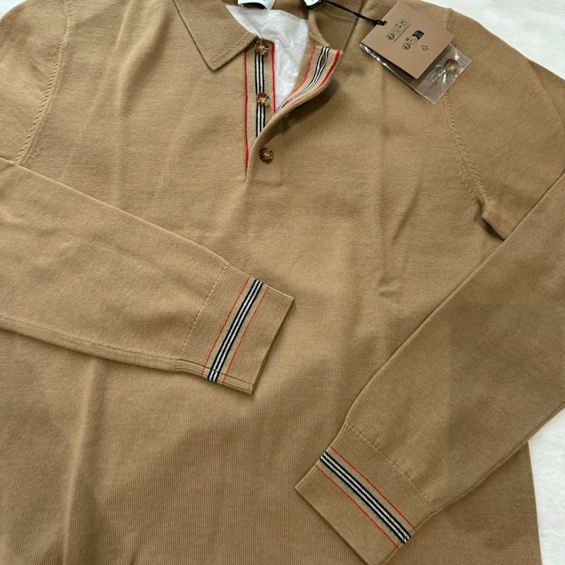 Burberry Icon Stripe Placket Knit Polo Shirt Camel