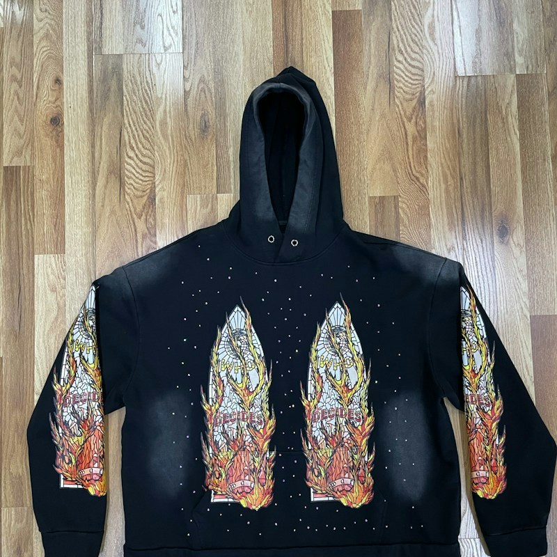 Who Decides War Stained Glass Rhinestone Hoodie Black