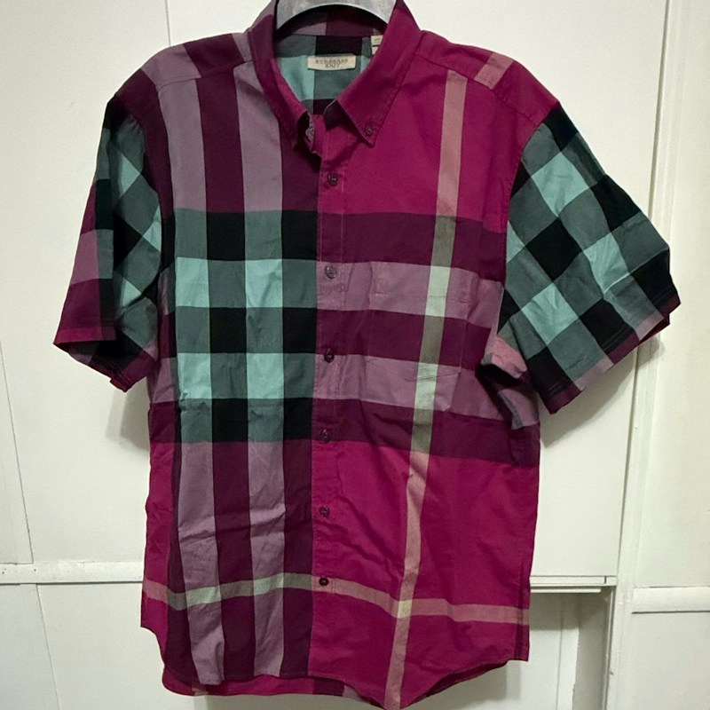 Burberry Brit Short Sleeve Plaid Button Down Shirt Pink Multi