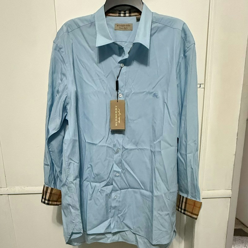 Burberry Check Collar Long Sleeve Dress Shirt Light Blue