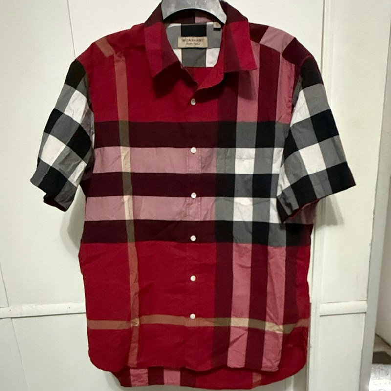Burberry Check Short Sleeve Button-Down Shirt Red