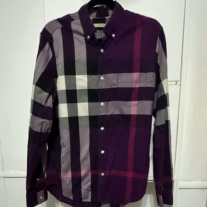 Burberry Brit Plaid Long Sleeve Button Up Shirt Purple