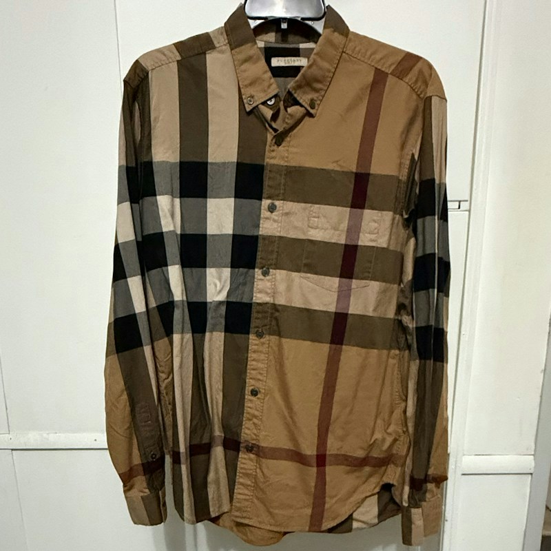 Burberry Brit Plaid Long Sleeve Button Down Shirt Beige