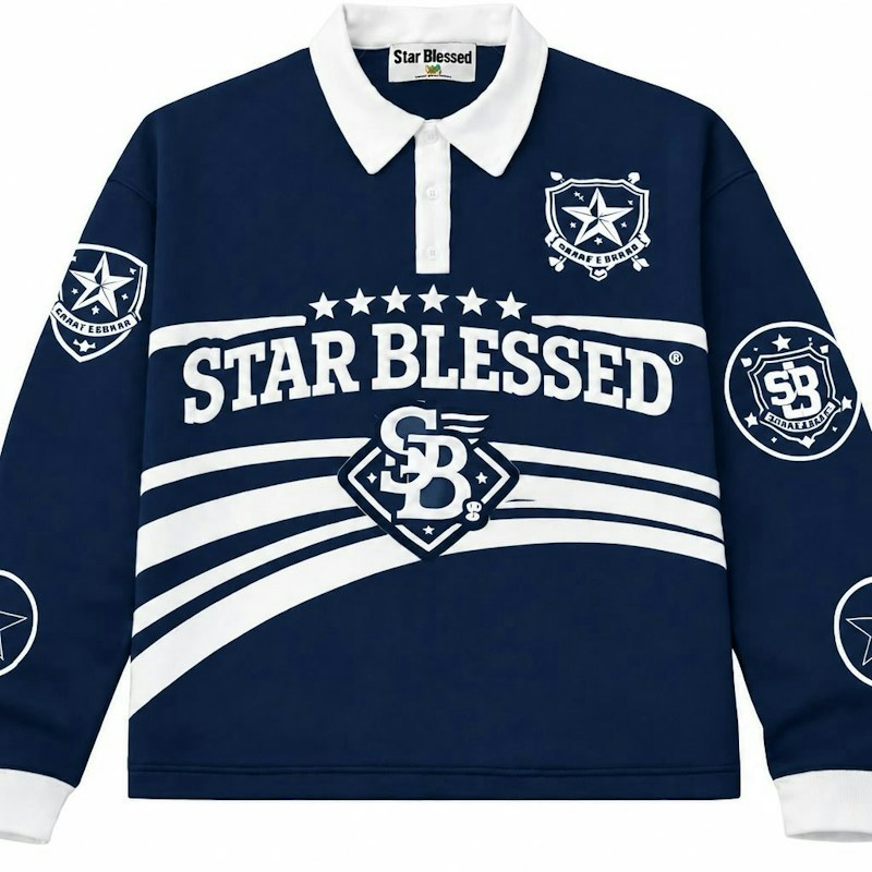 Star Blessed Long Sleeve Polo Shirt Navy