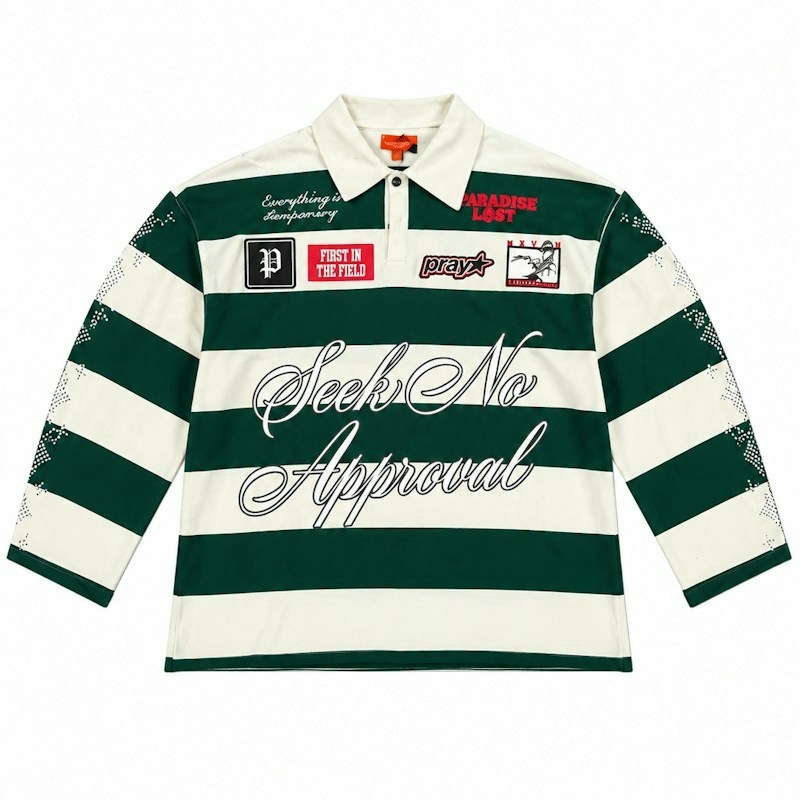 Paradise Lost Long Sleeve Polo Shirt Green Off White