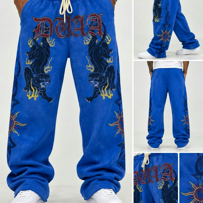 DUAA Panther Rhinestone Sweatpants Blue