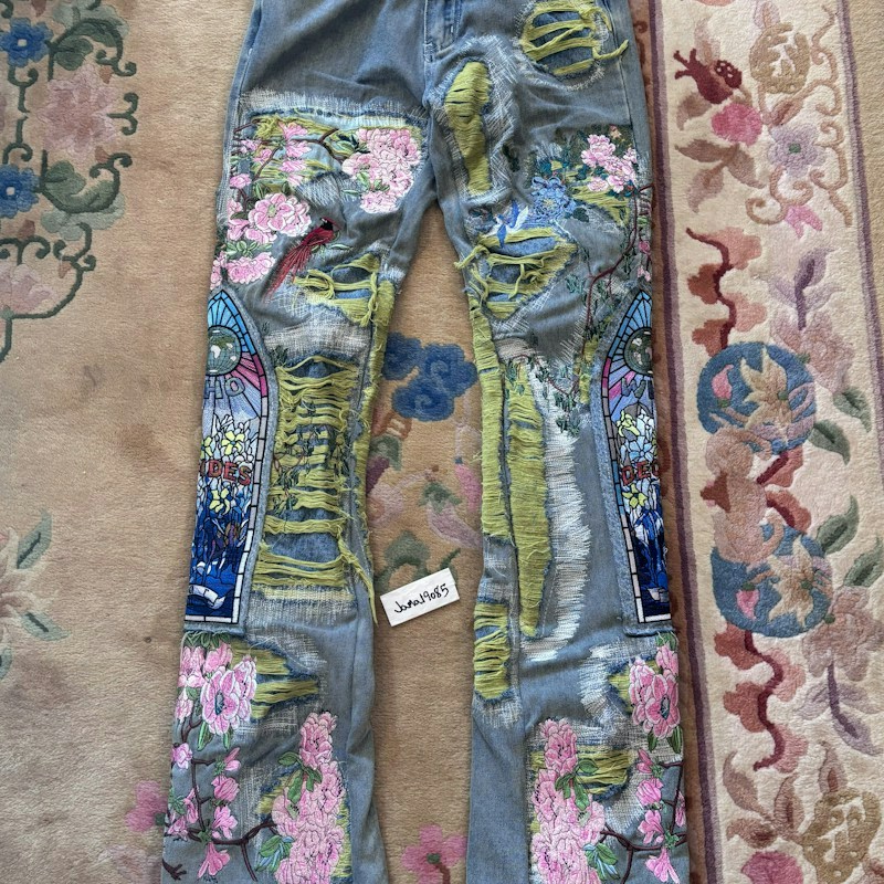 Who Decides War Floral Durham Fusion Embroidered Denim Jeans Blue