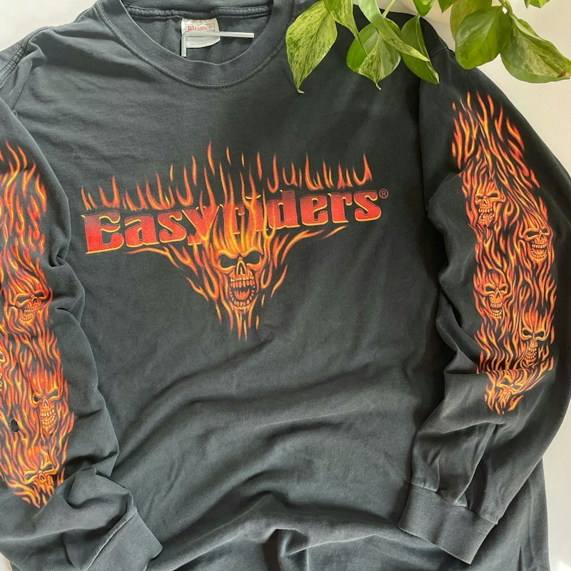 90s Easyriders Flame Skull Long Sleeve T-Shirt Black