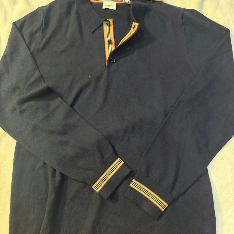 Burberry Icon Stripe Placket Knit Polo Shirt Navy