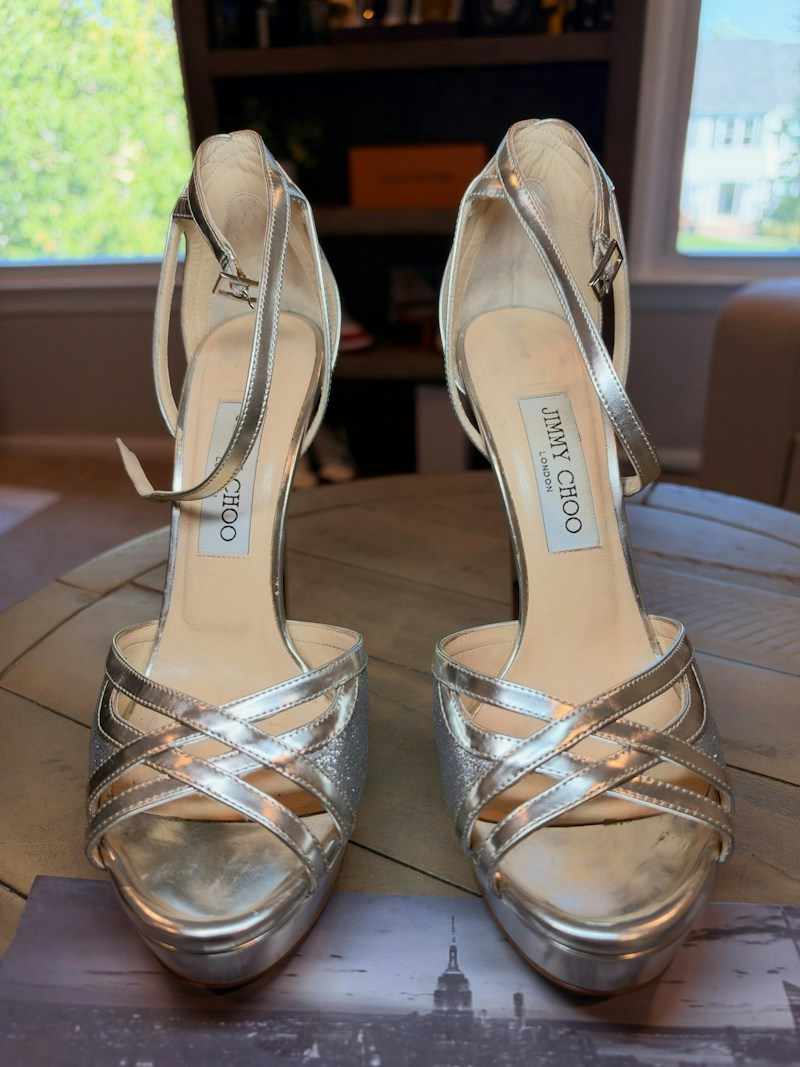 Jimmy Choo Laurita 135 Platform Sandal Silver Mirror Leather and Fine Glitter (Women's)
